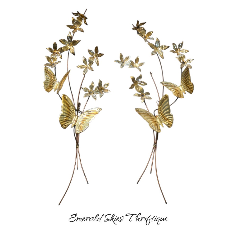 2 Vtg Wall Hanging Butterflies & Flowers Brass Copper Metal Art Sculptures mcm